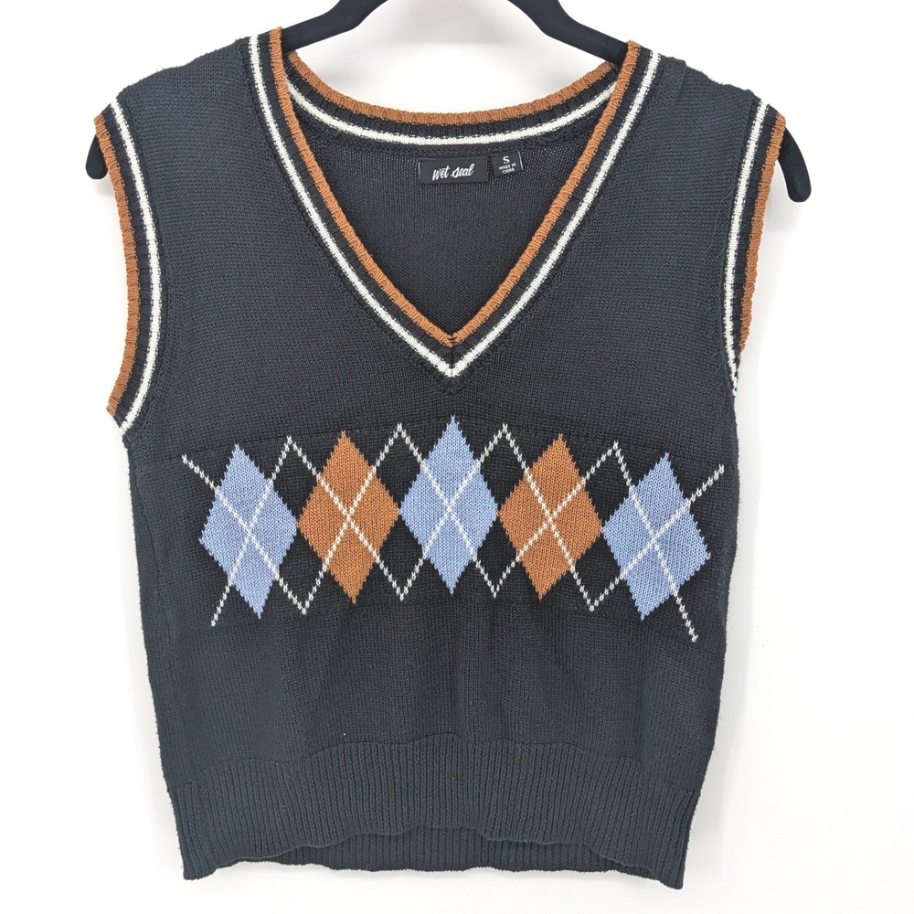 Wet Seal Argyle Sweater Vest Women Small Black V Neck Sleeveless Pullover Preppy